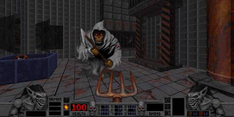 A screenshot of a hooded skeleton with a spear in Blood FPS 1997