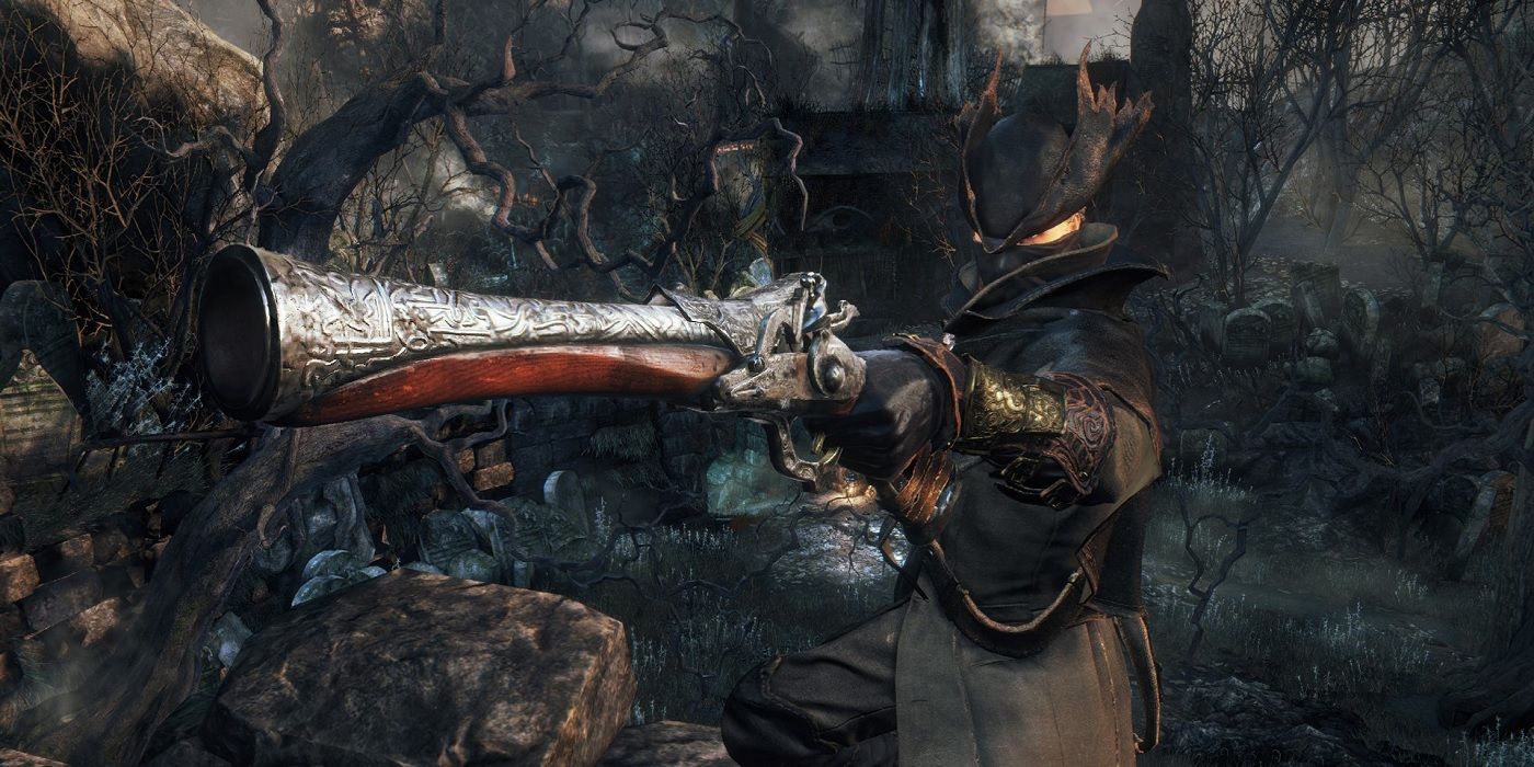 Bloodborne character pointing a gun towards the camera.