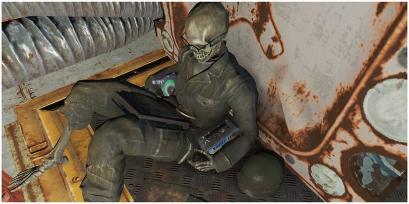 A soldier's skeleton hiding behind a box