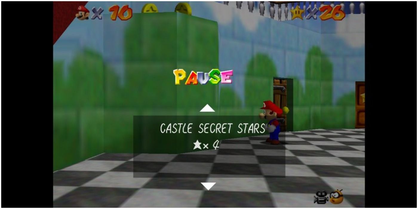 The pause menu of Mario 64 showing the number of Castle Secret Stars obtained.