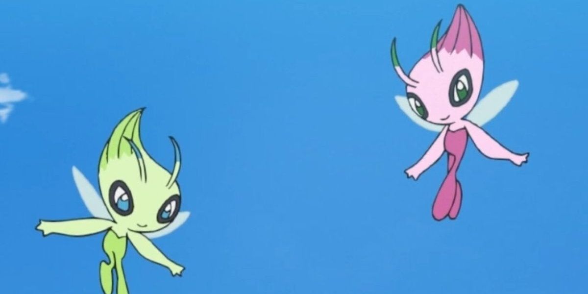 Celebi and its shiny form from Pokemon anime