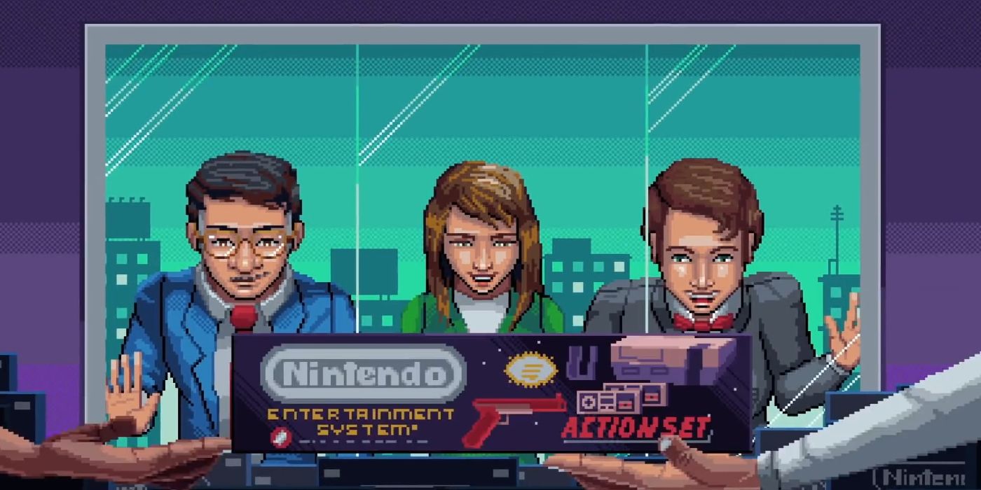 pixel art image of Nintendo leads looking at NES sale in Console Wars documentary