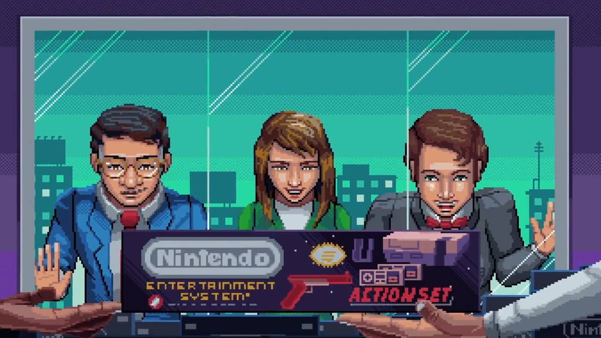 pixel art image of Nintendo leads looking at NES sale in Console Wars documentary