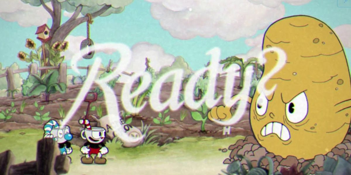 Cuphead and Mugman battling the Root Pack