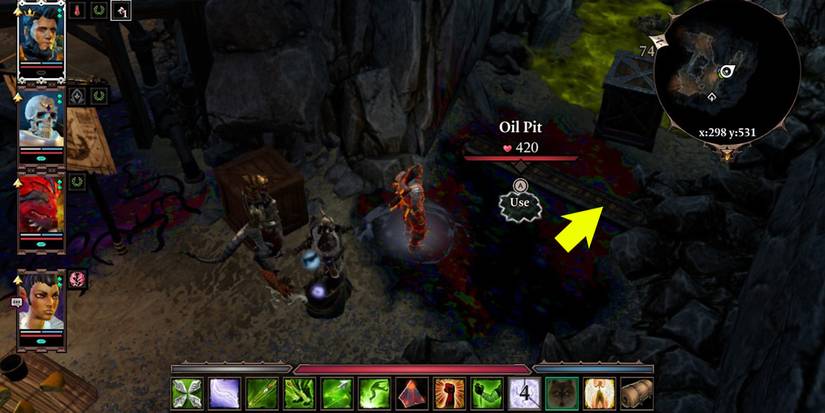 A crate in the background can be moved to trigger a trap pointed by the arrow