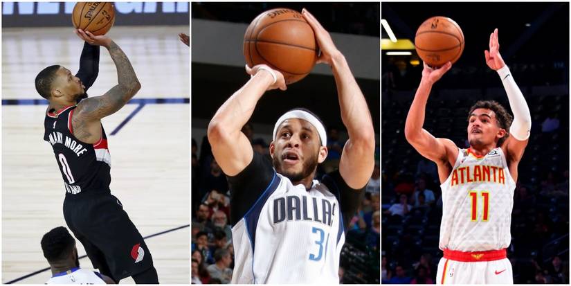 Damian Lillard, Seth Curry and Trae Young shooting jumpers