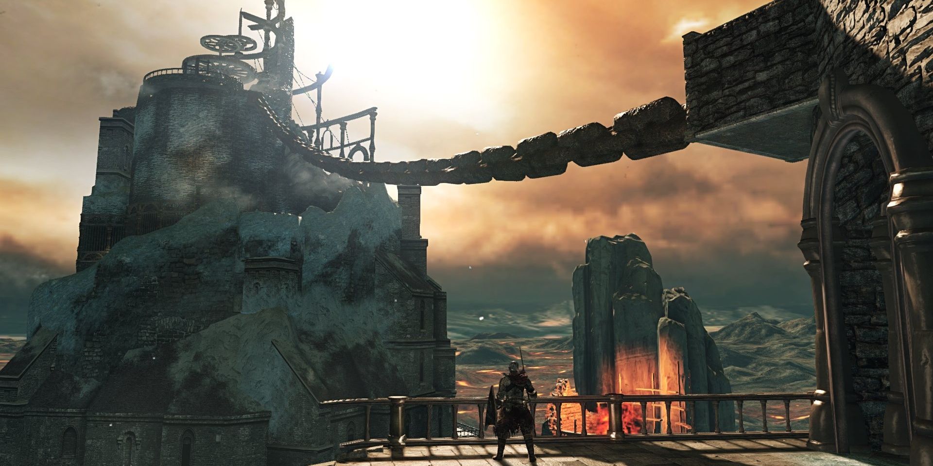 Player character looking at Brume Tower in Crown of the Old Iron King DLC in Dark Souls 2