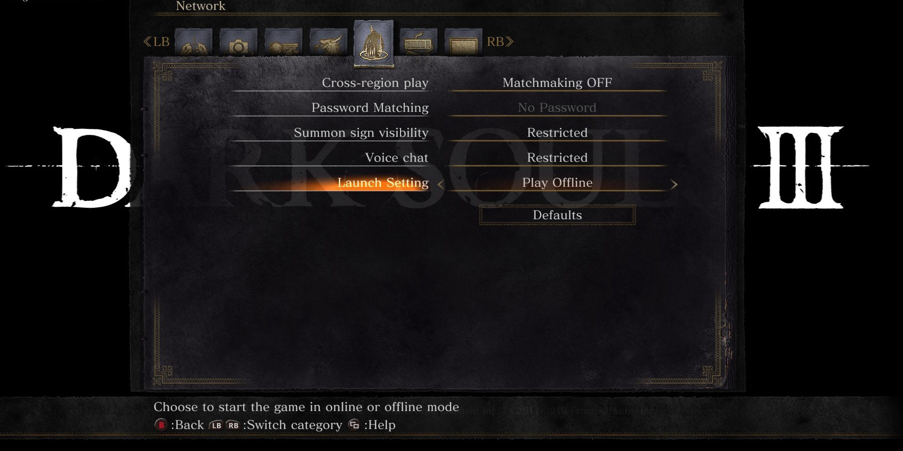 Dark Souls 3 Network Tab In Options Menu. Credit To Giant Bomb.