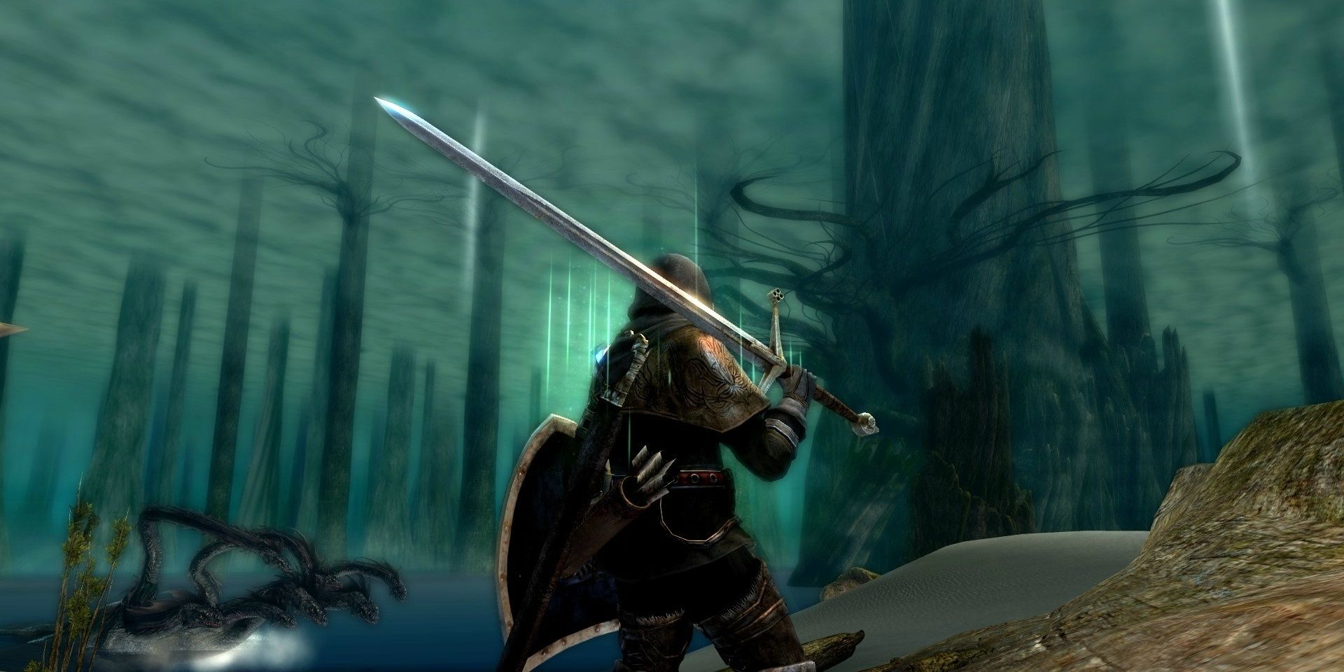 Player character finds Ash Lake, a hidden area in Dark Souls