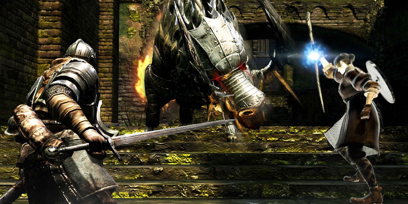 A screenshot of Dark Souls, facing the boar enemy.