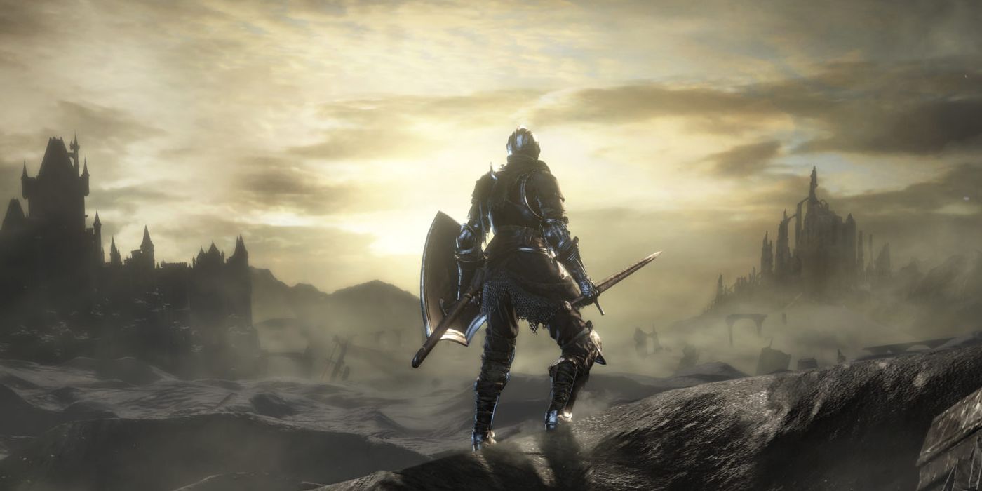 The hero in Dark Souls overlooking a vast landscape.