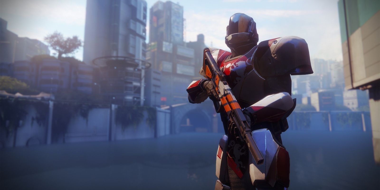 Titan Guardian standing in front of buildings in Destiny 2