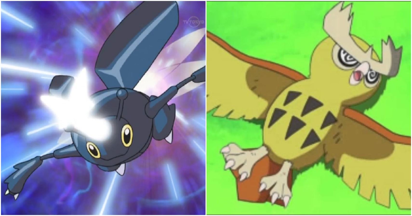 Ash's Heracross using Mega Horn and Ash's Noctowl fainted