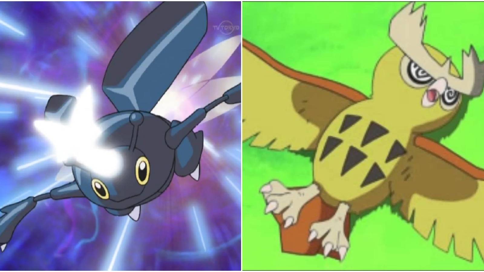 Ash's Heracross using Mega Horn and Ash's Noctowl fainted