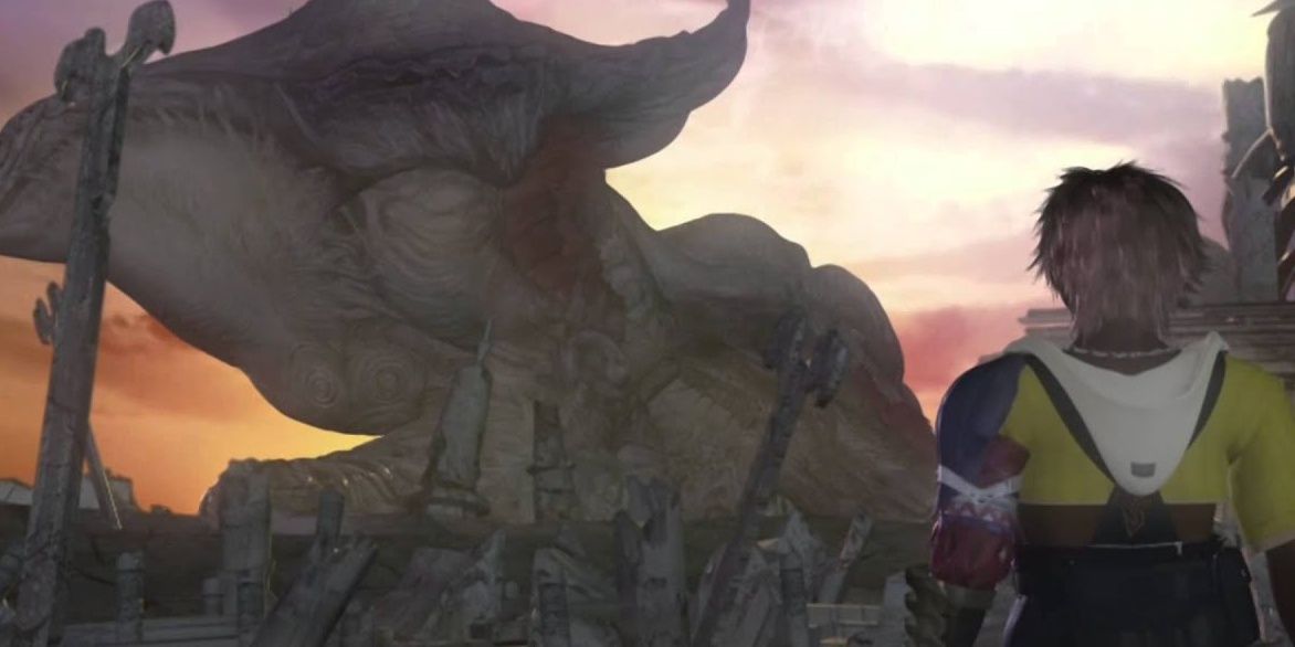 Tidus encounters Sin in Final Fantasy X.