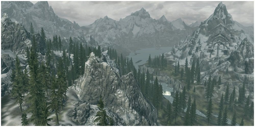 A view of the mountains and lake in the Falkreath Hold