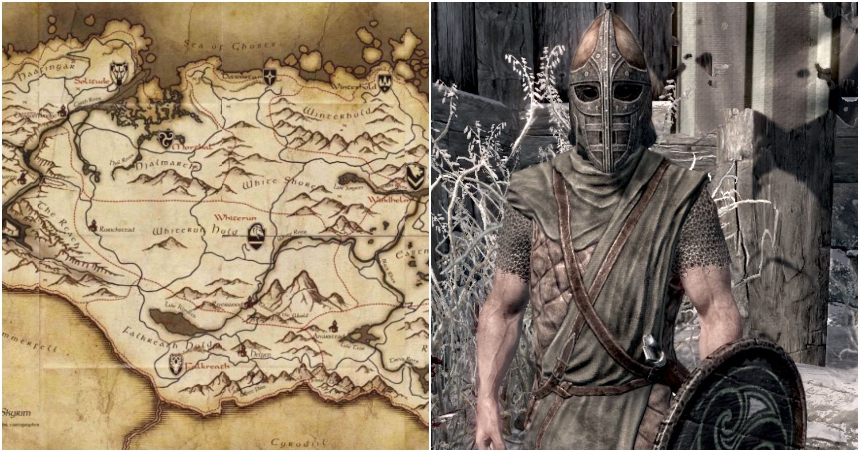 A map of Skyrim and a Hold guard in one of the cities