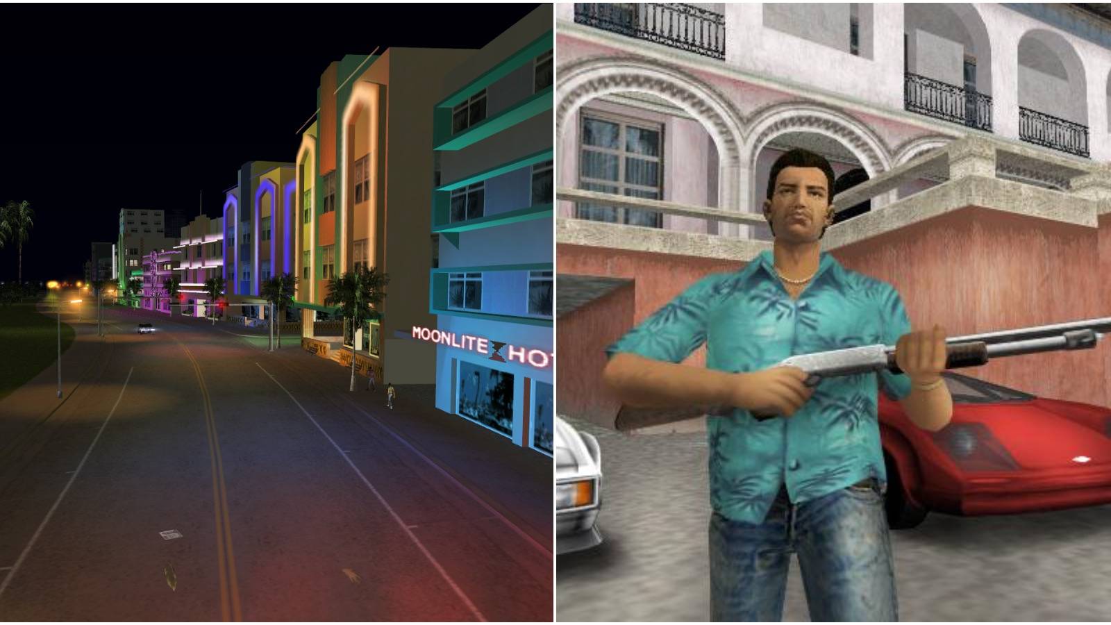 A view down Vice City beach and Tommy walking near his mansion