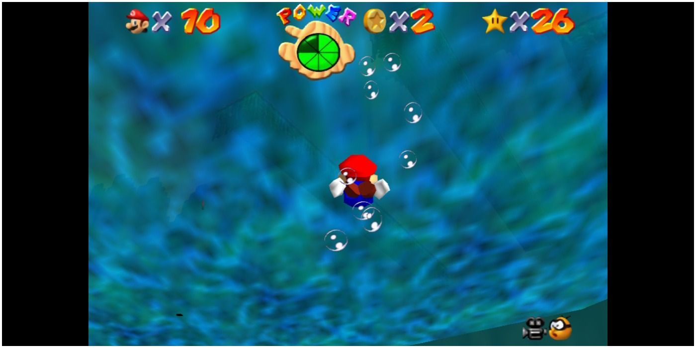 Марио в Бухте Веселого Роджера выныривает из воды, чтобы получить больше очков здоровья.