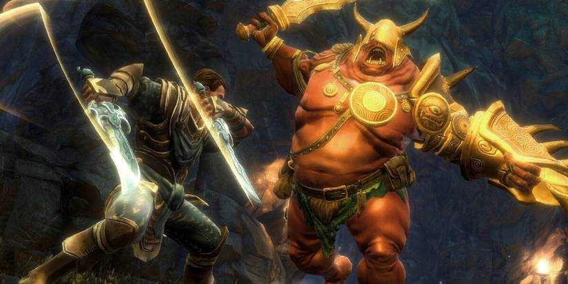 The Fateless One fighting a giant enemy.