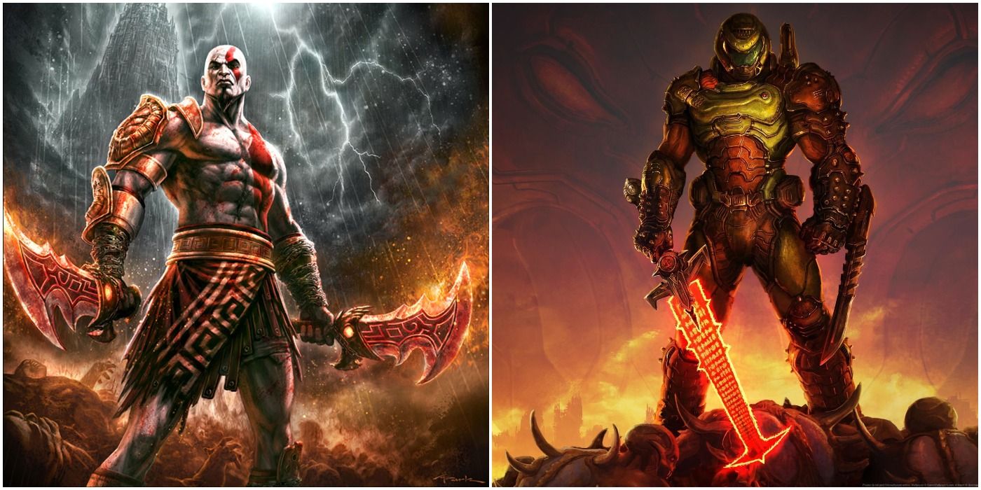 Kratos vs Doom Slayer in alternate poses