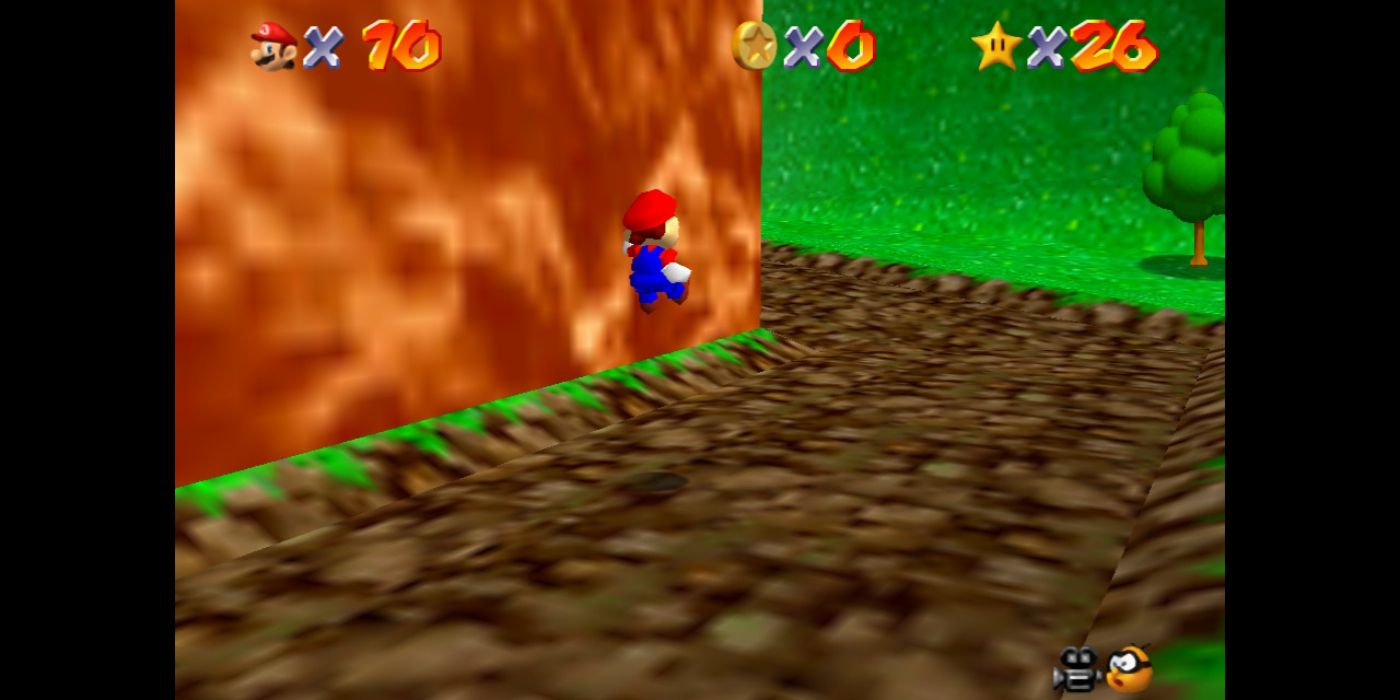Mario using the long jump technique on Bob-omb Battlefield.
