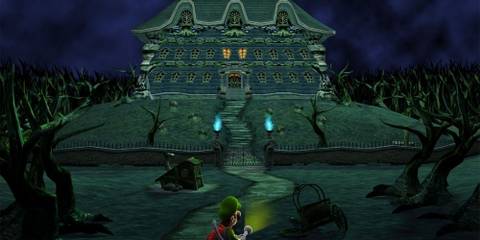 Luigi with a flashlight and his Poltergust looking upon a haunted mansion at night. Two windows are lit above the front doorway, emulating eyes in Luigi's Mansion for GameCube