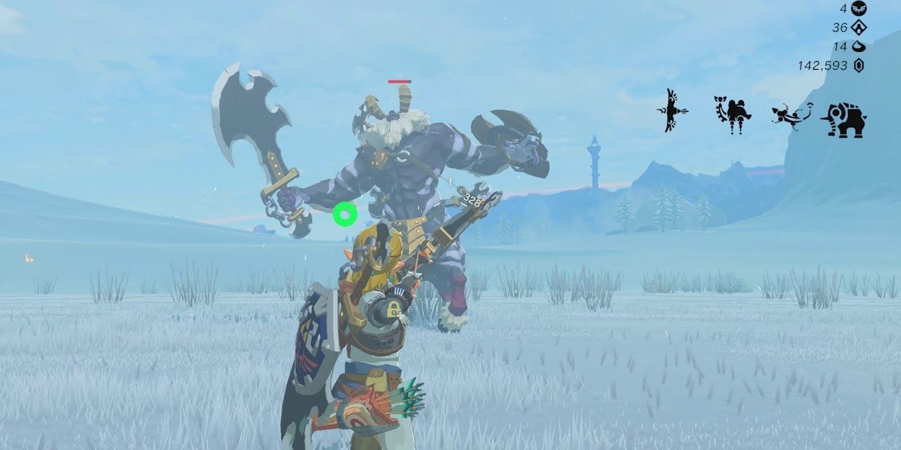 Shooting an arrow at a Lynel's head to stun them in Breath of the Wild