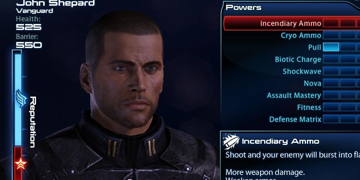 The character screen from Mass Effect 3 displaying the renegade and paragon bars