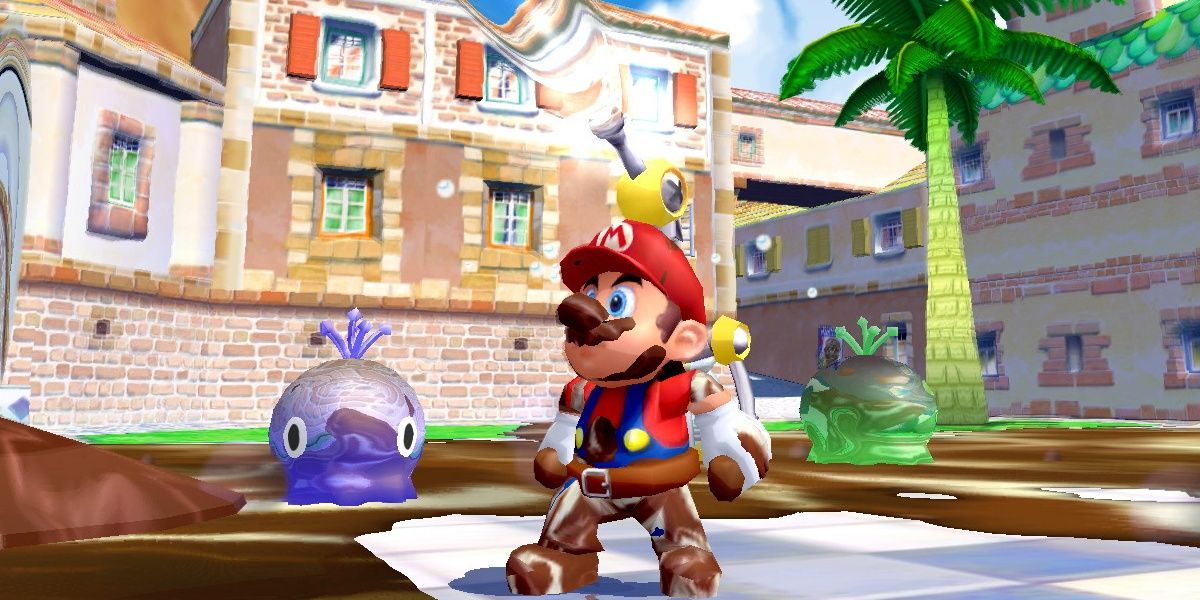 Mario using FLUDD to clean Delfino Plaza in Mario Sunshine