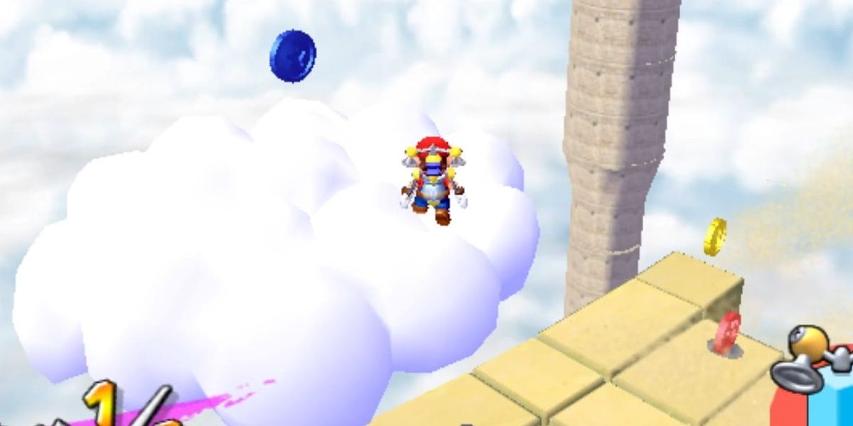 Mario collecting coins on the Sand Bird in Mario Sunshine