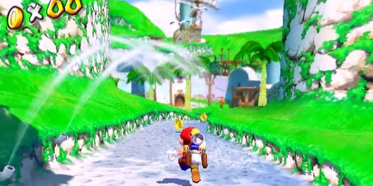 Mario running through water in Mario Sunshine