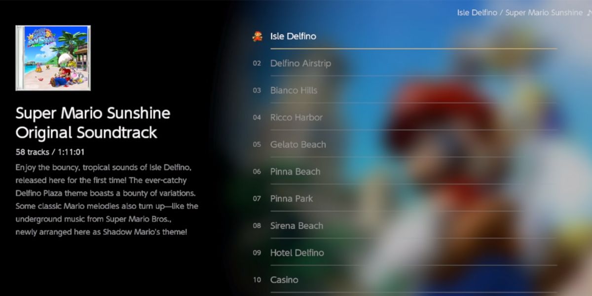 Soundtrack menu for Super Mario 3D All-Stars
