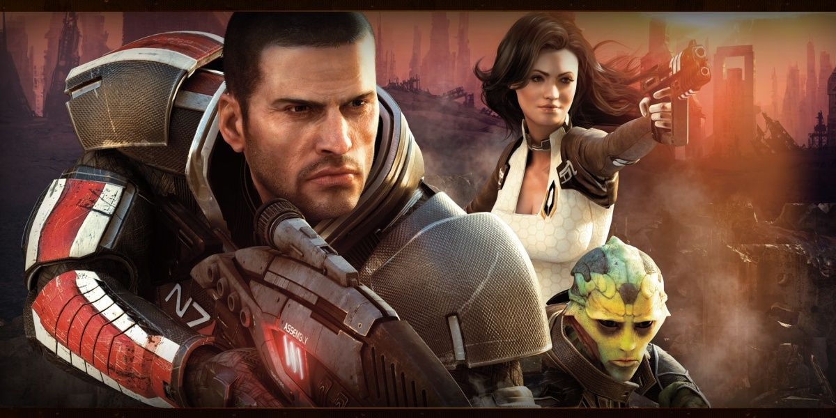 Cover for Mass Effect 2 featuring Commander Shepard, Miranda Lawson, and Thane Krios