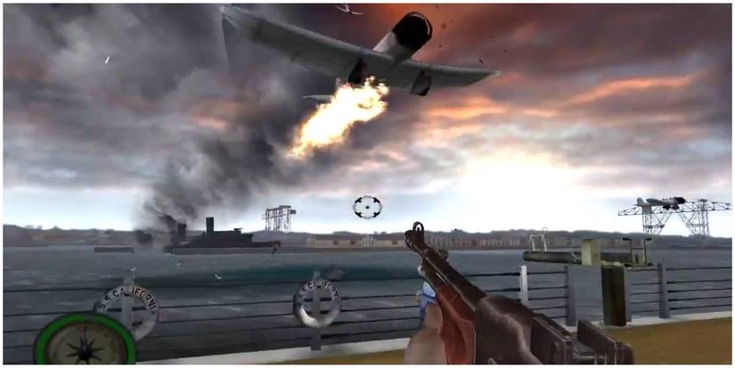 A Japanese Zero flying over an American ship