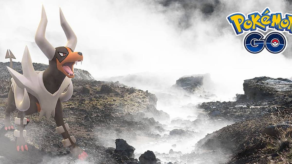 Mega Houndoom standing next to misty water