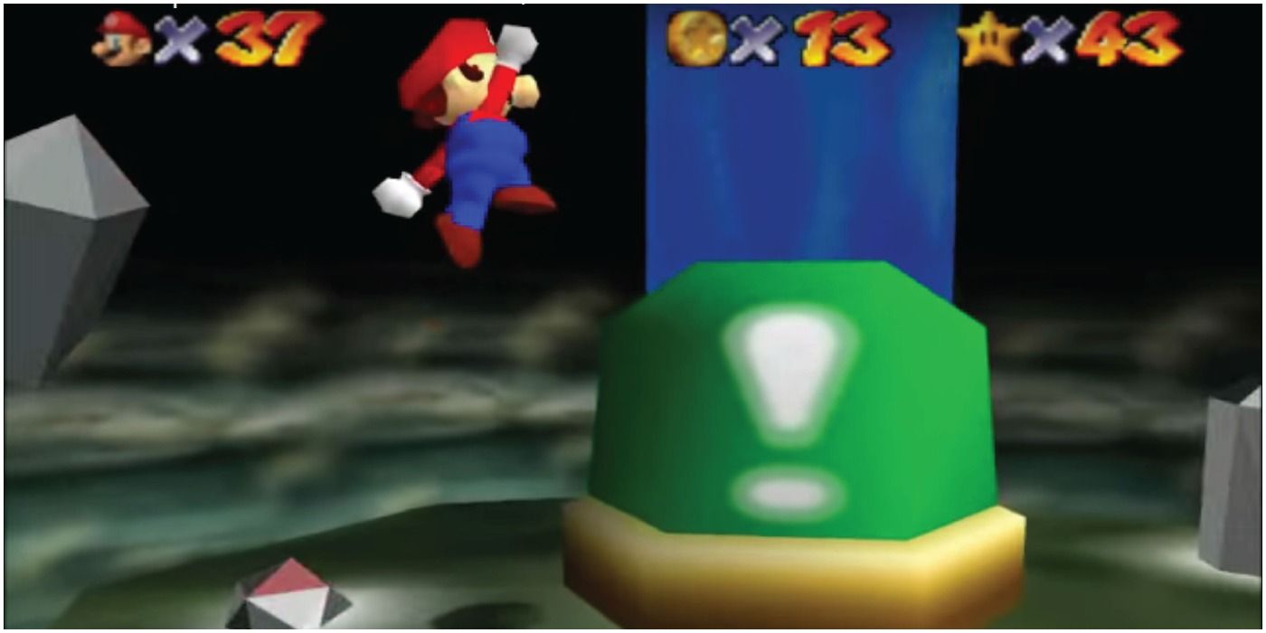 Марио прыгает на переключатель, чтобы активировать блоки для металлической крышки.