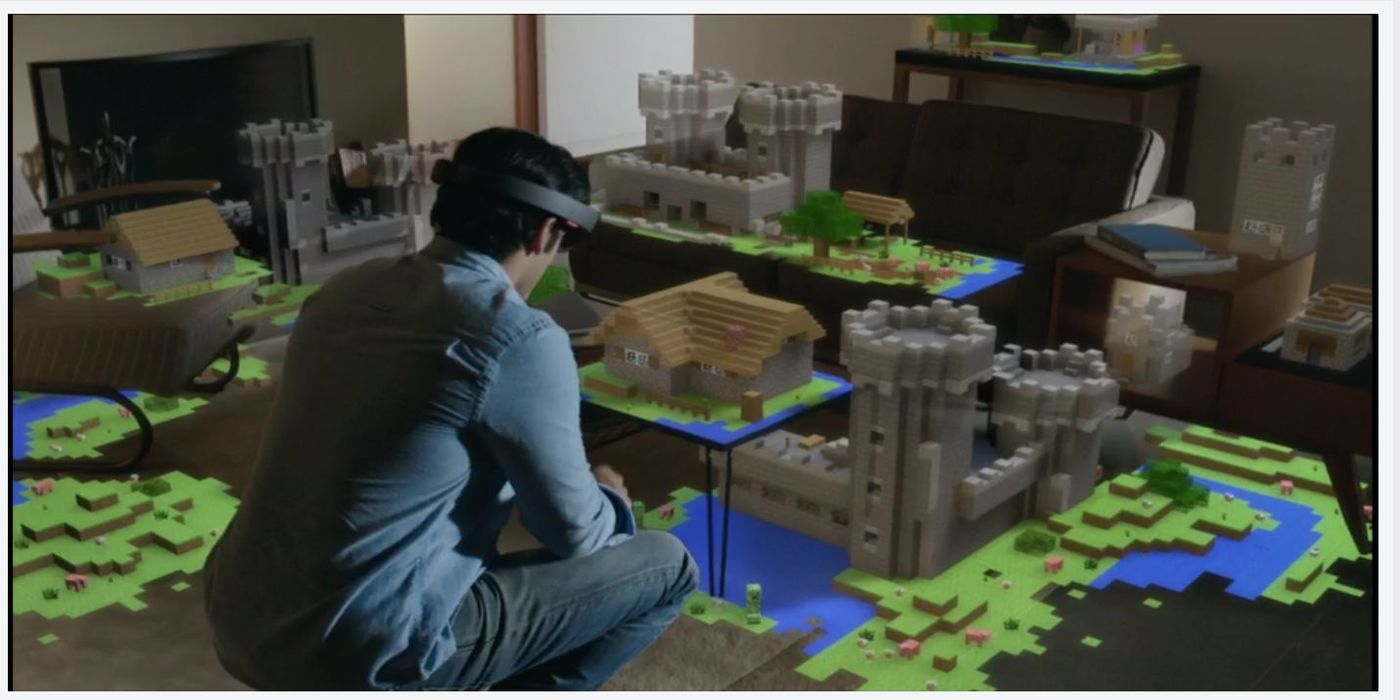 Minecraft player in VR headset
