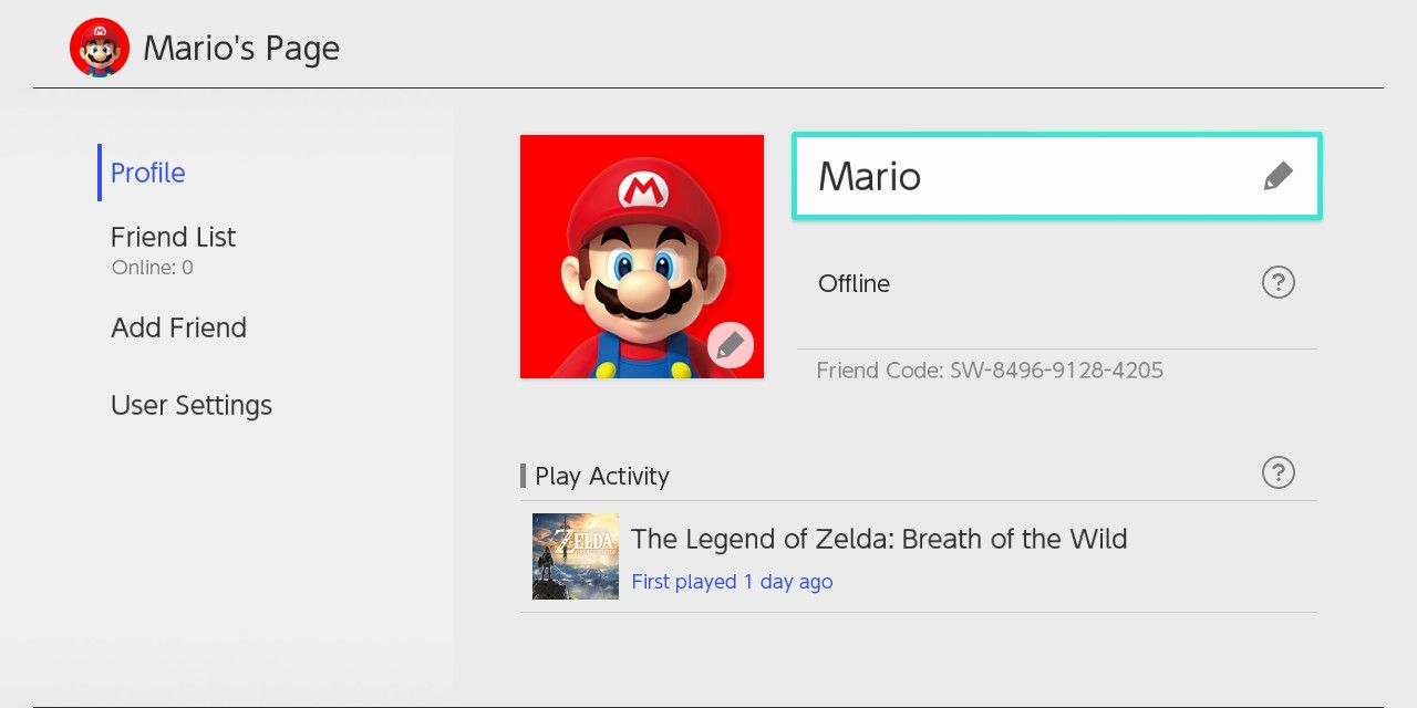 Nintendo Switch Friend Code User Profile Mario