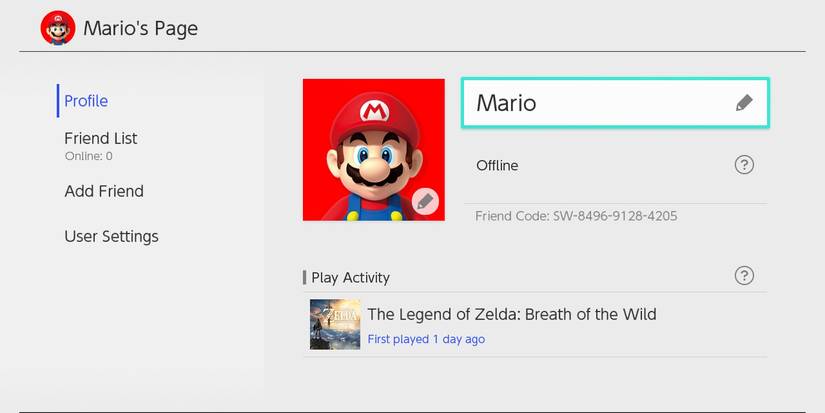 Nintendo Switch Friend Code User Profile Mario