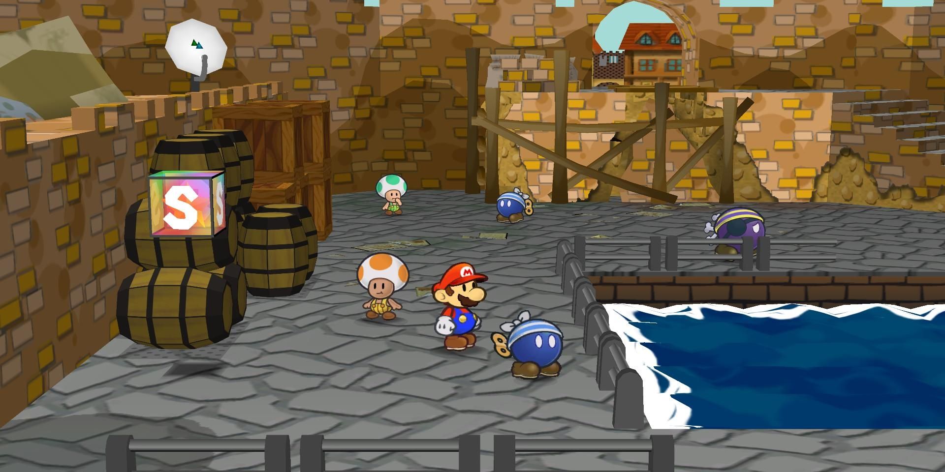 Mario at seaside town with Toad, Bob-omb and barrels in Paper Mario Thousand Year Door