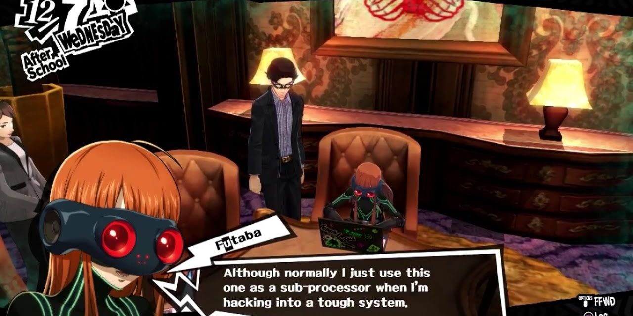 Futaba using her laptop to impress an IT president in Persona 5