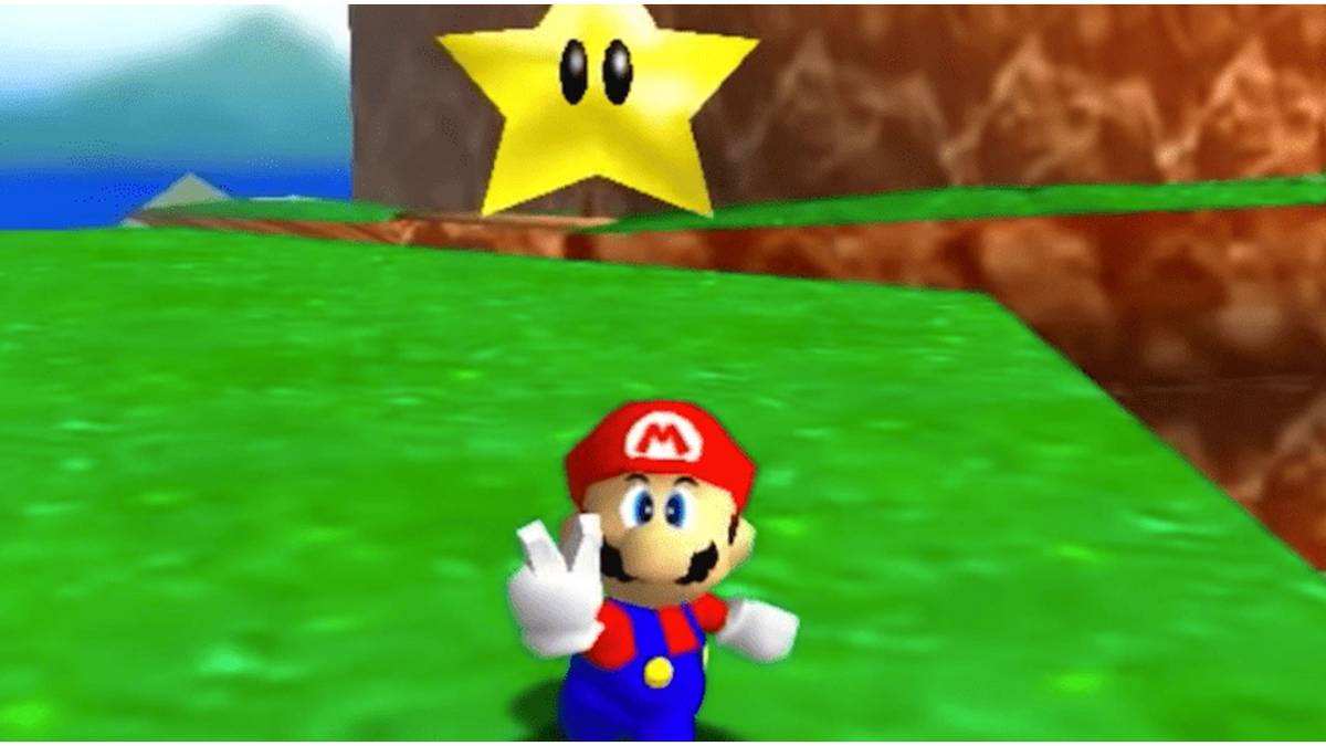 Mario obtains a Power Star in Bob-omb Battlefield's island in the sky.