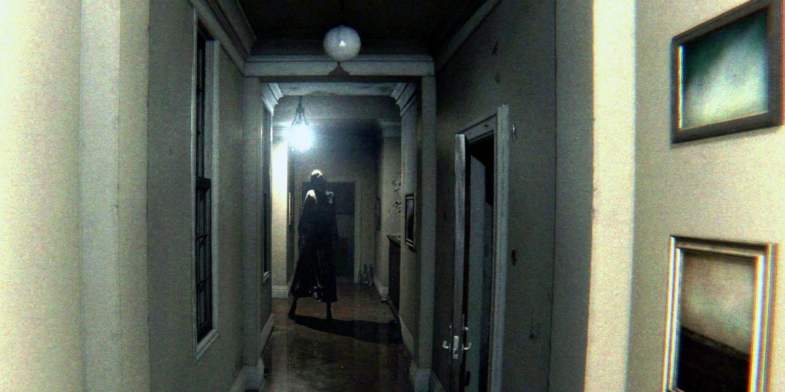 creepy hallway with ghost at the end
