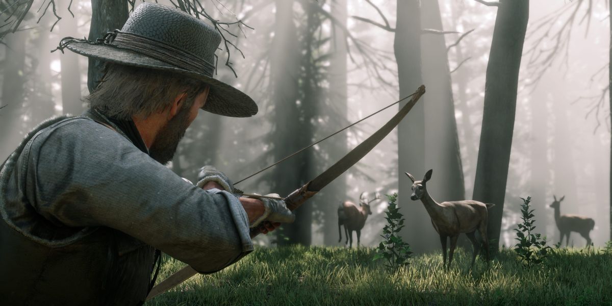 Arthur Morgan hunting deer with a bow