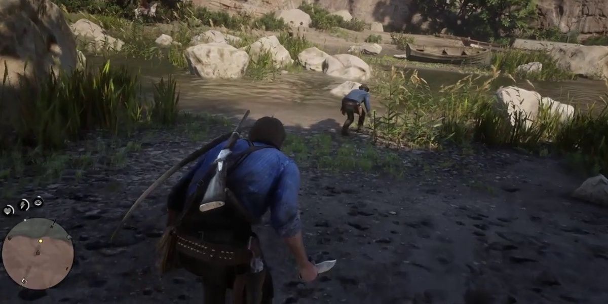 Arthur Morgan and Javier Escuela stealthily crossing a river
