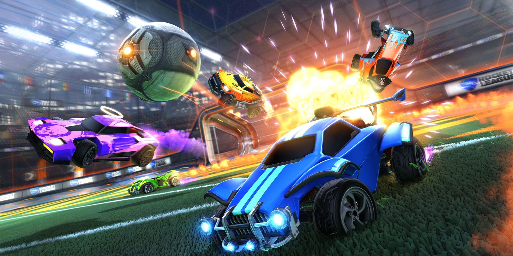 A bunch of cars in action during a Rocket League match