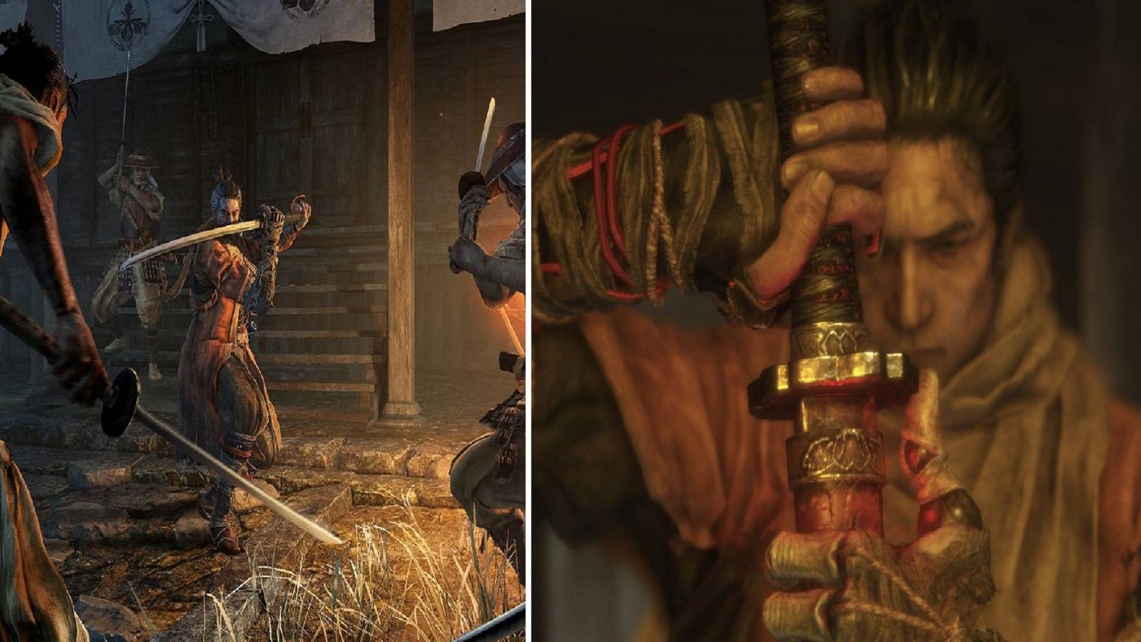 Two images of Wolf from Sekiro: Shadows Die Twice