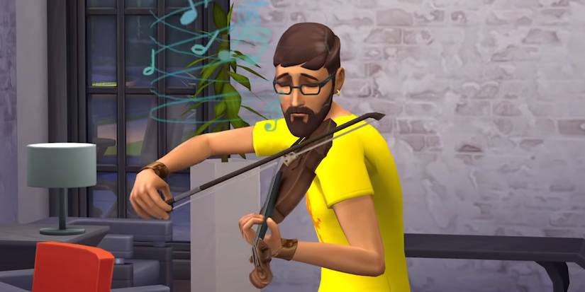 A guy playing the violin in the Sims