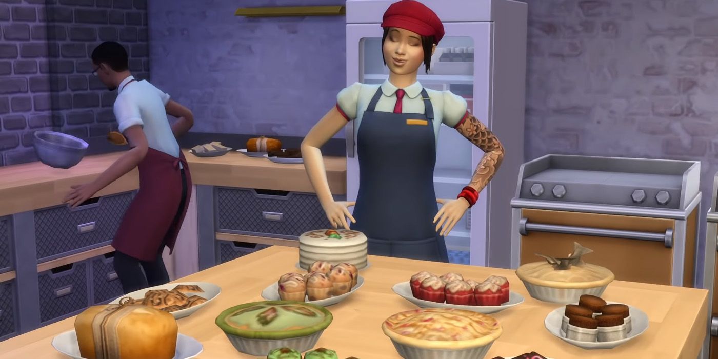 A baker Sim admiring their pastries